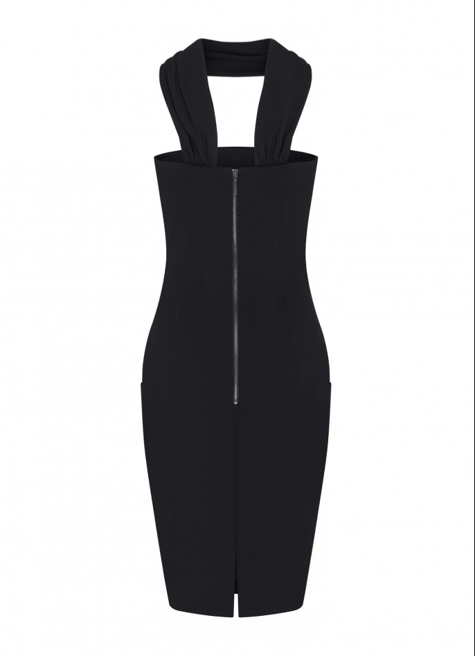 BLACK HALTERNECK STRETCH CREPE DRESS